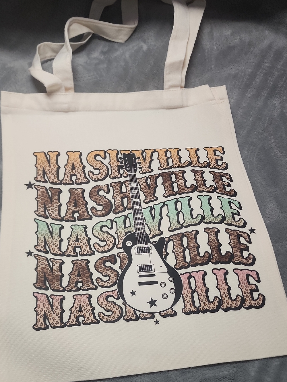 Nashville Guitar Print Canvas Tote - Multicolor Text. 13x15